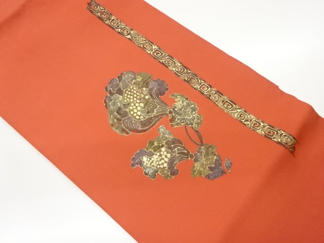 作家物　塩瀬金彩抽象花葉に縞模様名古屋帯